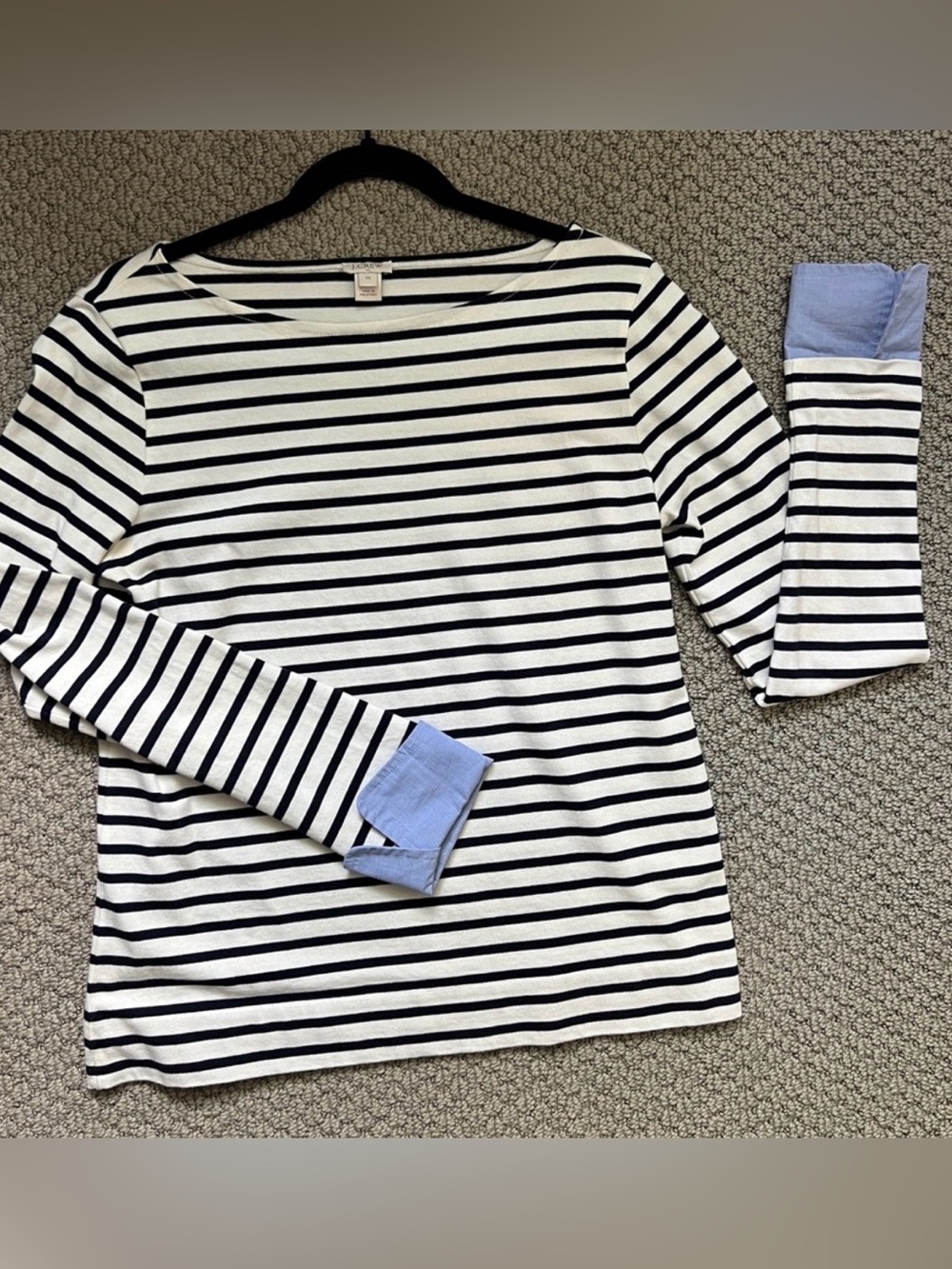 J. Crew Navy and White Bateau Striped Top with Light Blue Cuff